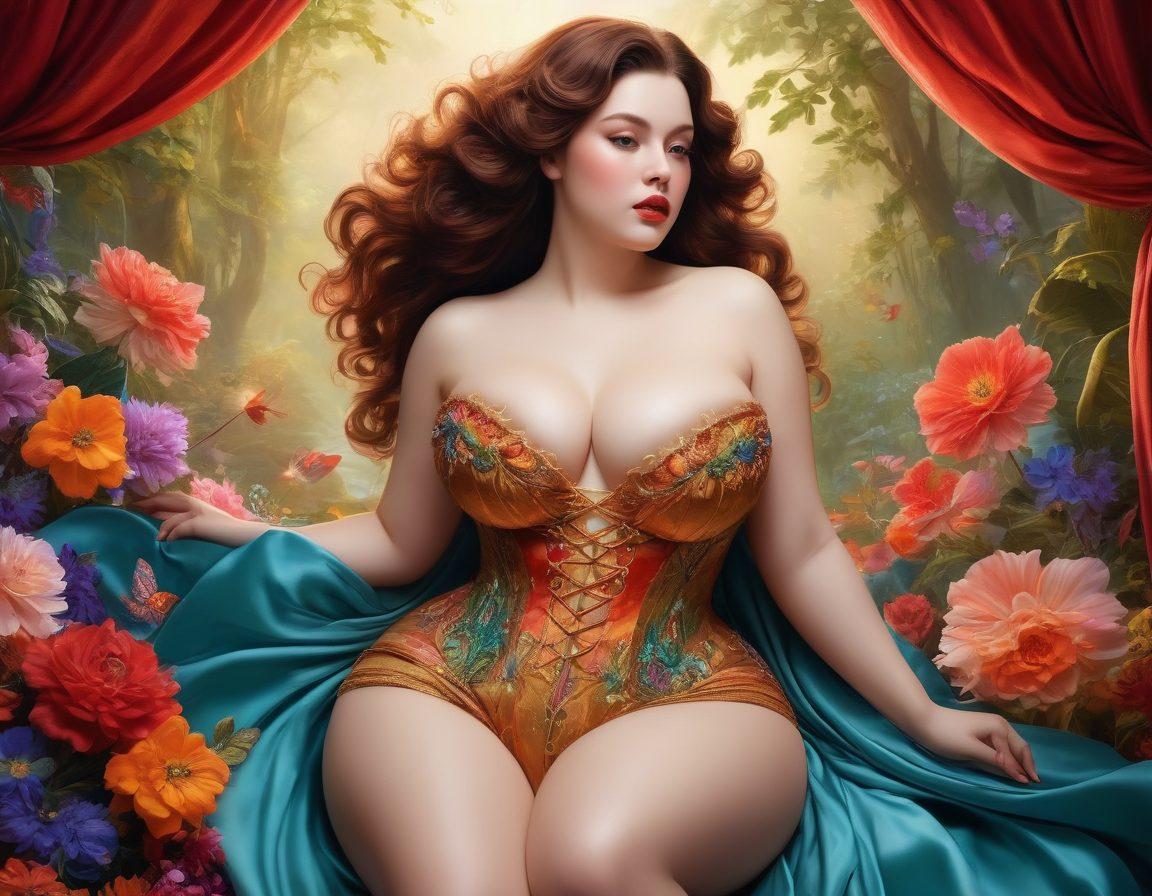 A captivating NSFW art scene featuring diverse curvy characters embodying various fantasies, exuding confidence and allure. Set against a lush, dreamlike backdrop that enhances the sensual atmosphere, showcasing intricate details like flowing fabrics and vibrant expressions. The characters should reflect a sense of empowerment, breaking traditional beauty standards, and inviting viewers into their whimsical world of desire. Illustration style: super-realistic, vibrant colors, with a subtle glimmer of fantasy elements.